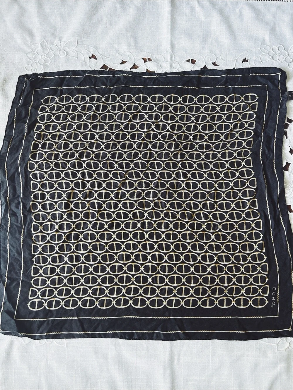 Vintage ECHO 100% Silk Black and Gold Chain Print Made In Japan 20x20